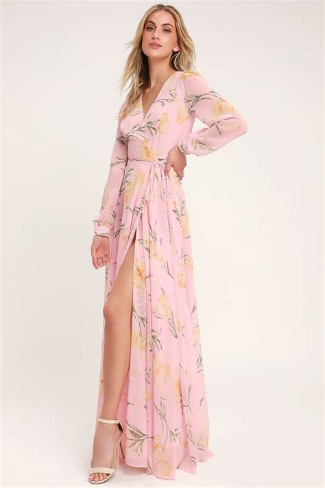Loving You Blush Pink Floral Print Long Sleeve Wrap Maxi Dress Women Dress Sale Maxi Dress