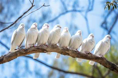 Premium Ai Image A Flock Of White Doves Sit On A Branch With The Sky