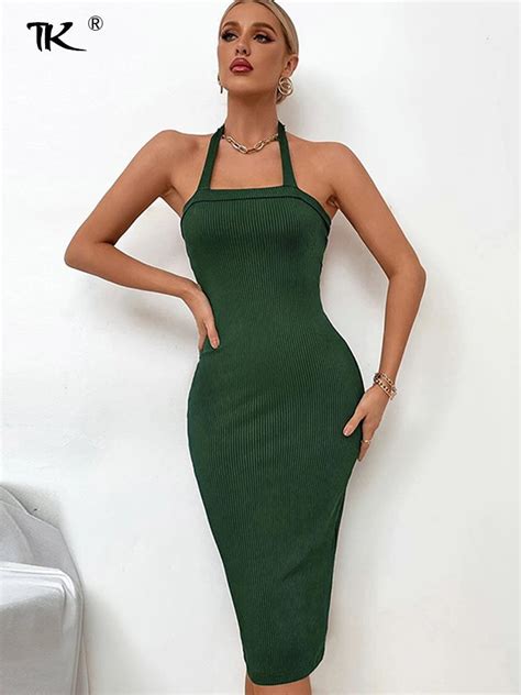 Knitted Halter Sexy Green Women Dress Elegant Sleeveless Backless Cut Out Bodycon Female Summer