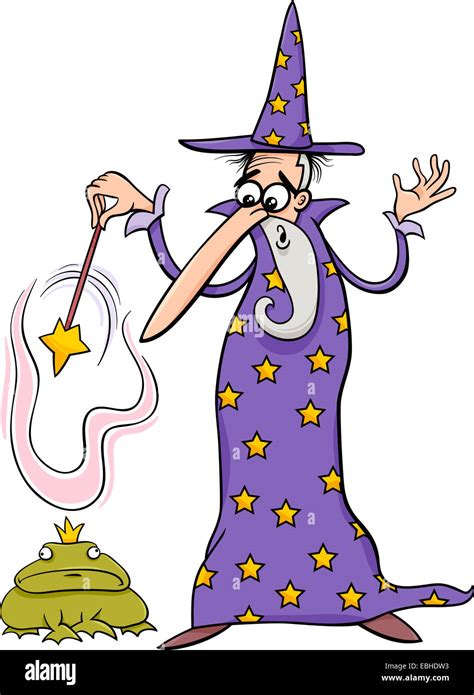 Cartoon Illustration Of Fantasy Wizard With Magic Wand Casting A Spell And Enchanted Frog Stock