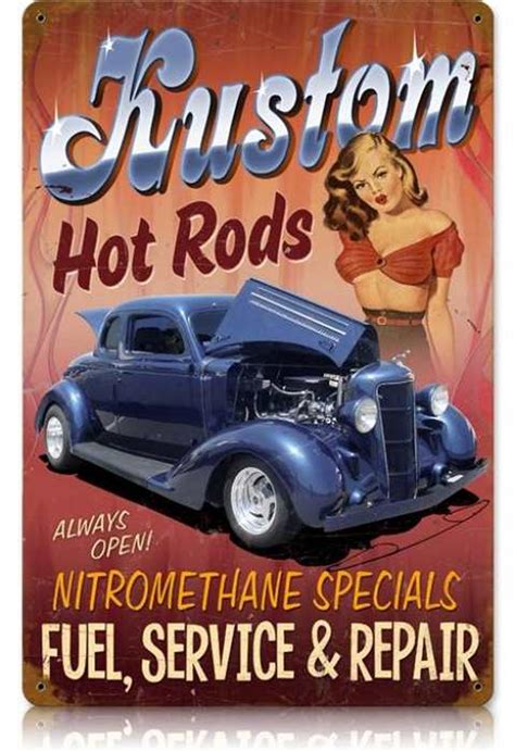 Vintage Kustom Hot Rods Pin Up Girl Metal Sign 12 X 18 Inches