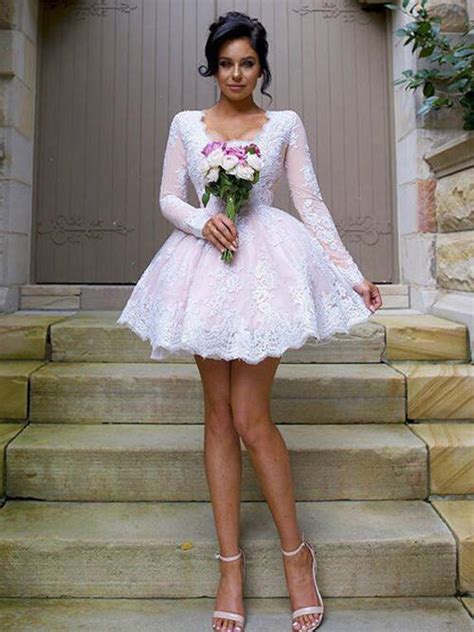 Ball Gown V Neck Lace Sleeves Short Bridesmaid Dress Vividress9158