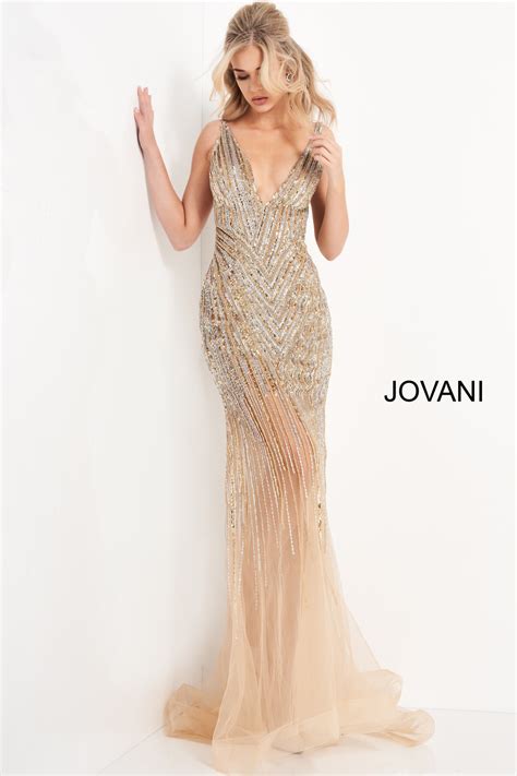 Jovani Nude Embellished V Neck Prom Dress