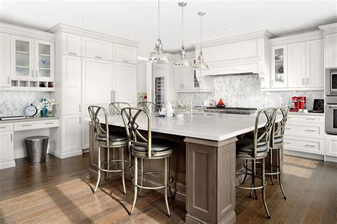 Transitional Light Grey Kitchen Cabinets With Grey Stained Maple Island