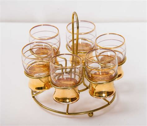 Vintage Gold Shot Glass Set With Metal Wire Caddy Carry Holder Drinks Bar 6 Glasses By