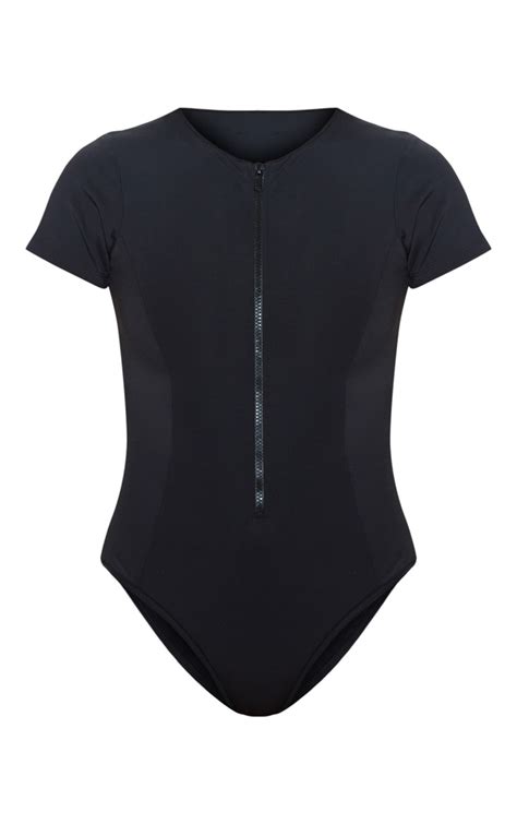 black scuba zip up swimsuit swimwear prettylittlething aus