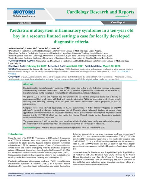 Pdf Paediatric Multisystem Inflammatory Syndrome In A Ten Year Old