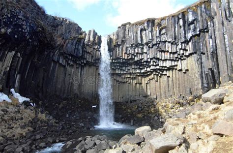 Big Basalt Column Waterfall Pouring Down In Iceland Stock Image Image