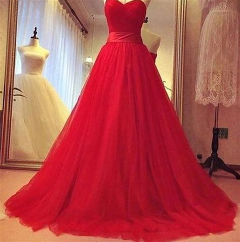 Gorgeous Red Sweetheart Tulle Prom Gowns Tulle Party Dresses Red Ball