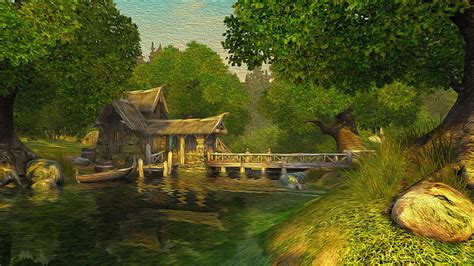 Hd Wallpaper Cabin House River Forest Landscape Painting Bridge