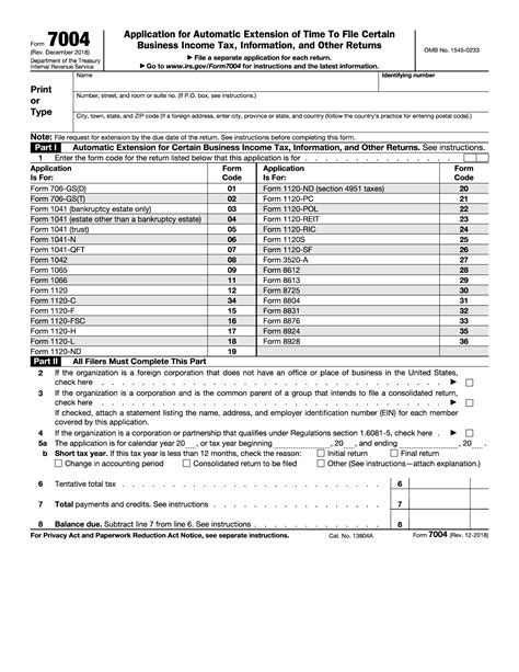 Irs Form 7004 Application For Automatic Extension Of Time To File