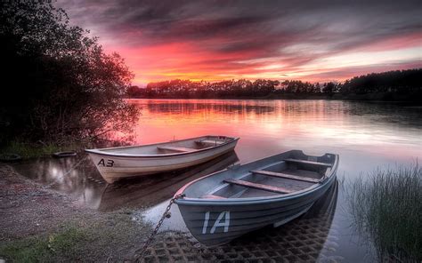 Beautiful Sunset Boat Colorful Colors Peaceful Beauty Reflection Boats Trees Water