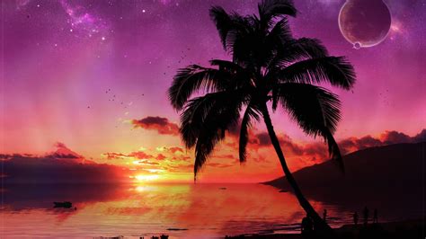 Download Wallpaper 1920x1080 Sunset Palm Trees Sea Red Sky Planet