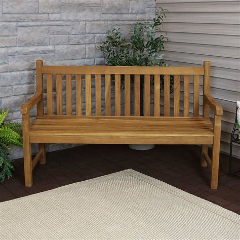 Sunnydaze Solid Teak Outdoor Bench Light Brown Wood Stain Finish Mission Style 59 Inches