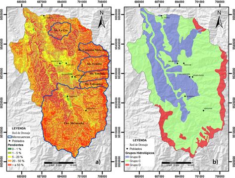 A Mapa De Pendientes Y B Mapa De Grupos Hidrológicos De La Cuenca