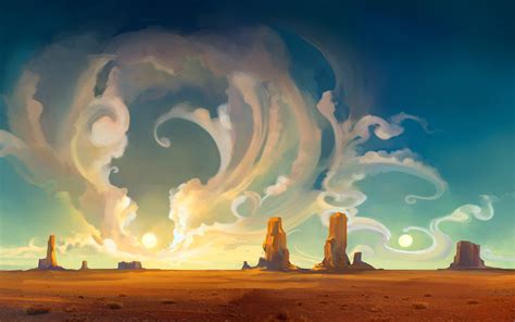 Fantasy Art Landscape Desert Rock Clouds Sun Painting Smoke Sky