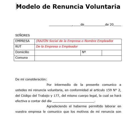 Carta De Renuncia Voluntaria Chile Descargar Word Y Pdf