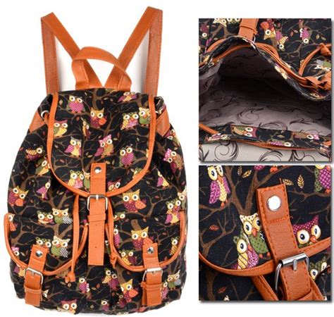 Women Cute Cartoon Owls Pattern Canvas Backpack Shoulder Bag Students