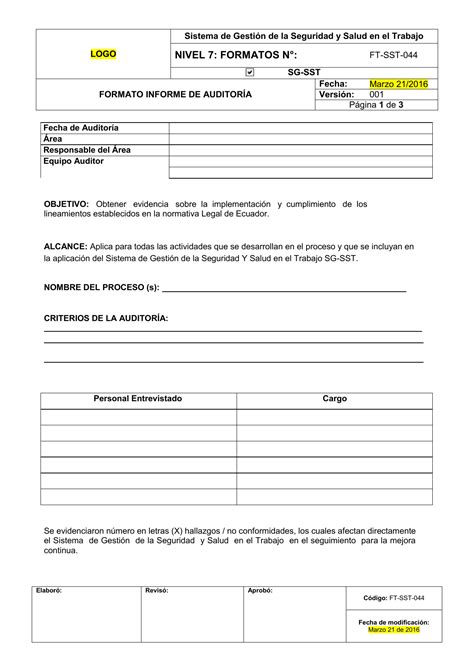 Formato Informe De Auditoria Independiente De Control