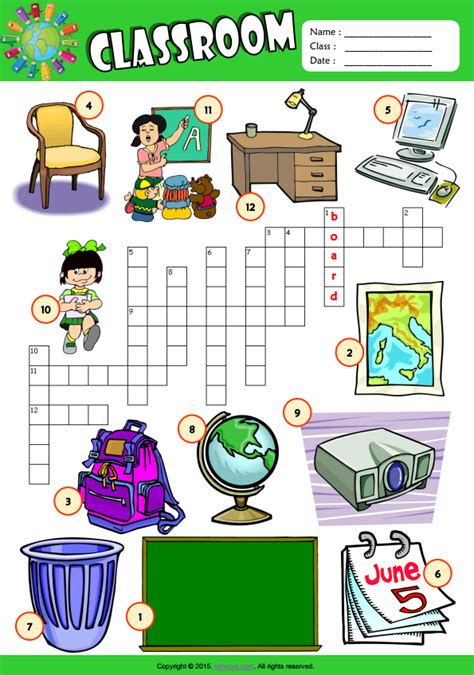 In The Classroom Esl Vocabulary Crossword Puzzle Worksheet For Kids