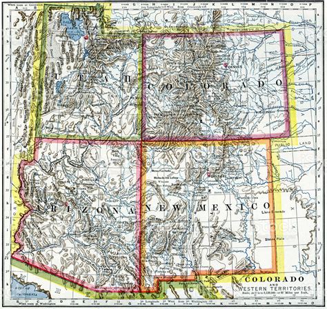 Utah Colorado Arizona New Mexico Map 1883 Stock Photo