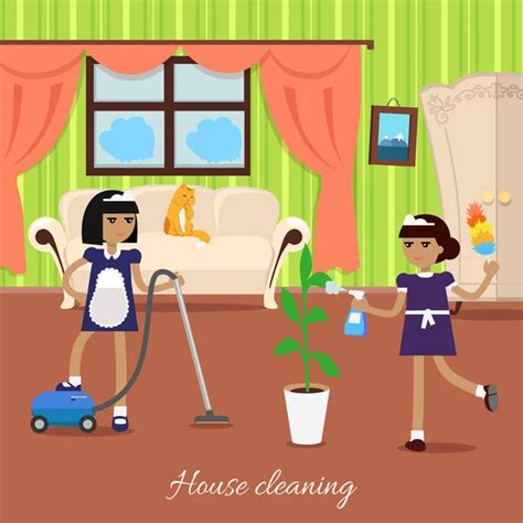 Two Girls Cleaning Room — Stock Vector © Brgfx 127186404