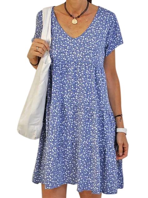 Womens Plus Size Floral Printed Summer Midi Dress Swing Sundress Round