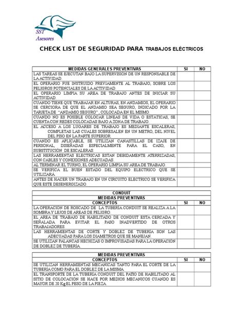 Check List De Seguridad Con Trabajos Eléctricos
