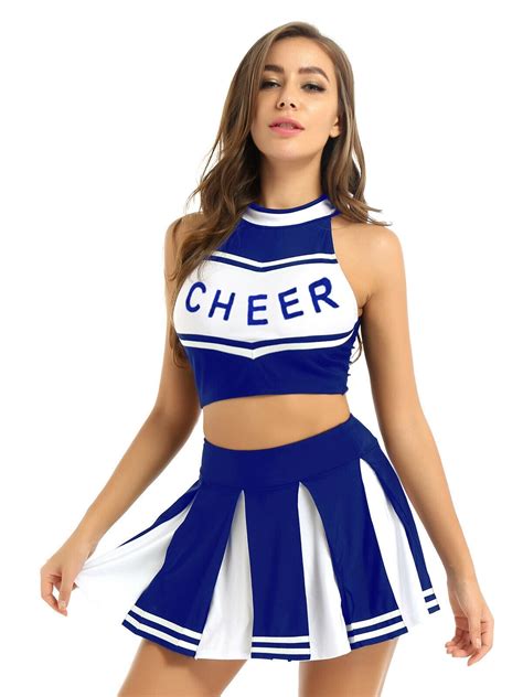 Blue Ladies Cheerleader School Girl Uniform Fancy Dress Costume Vlrengbr