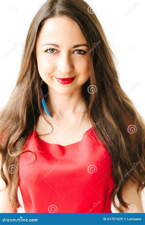 Portrait Of A Young Beautiful Women In Red Dress With Brunette H Stock