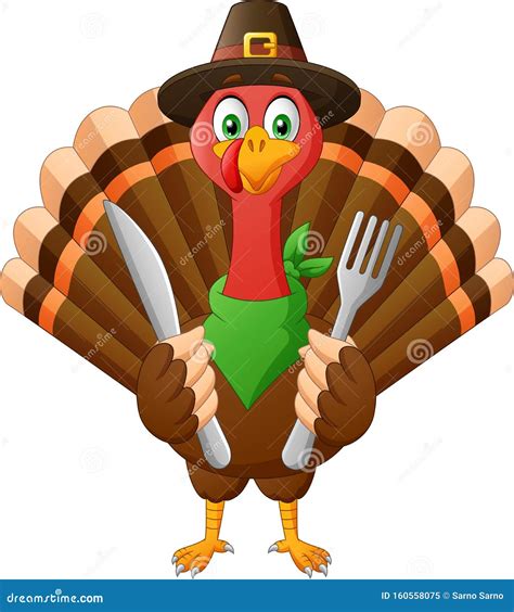 Cartoon Turkey Bird Mascot Character Holding Fork And Knife Stock