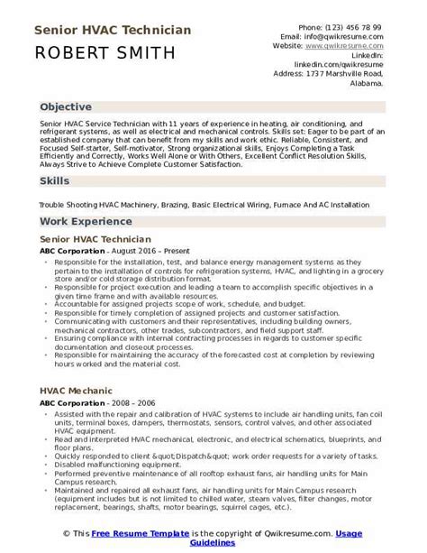 Resume Hvac Service Technician — Requirements Skills Abilities And