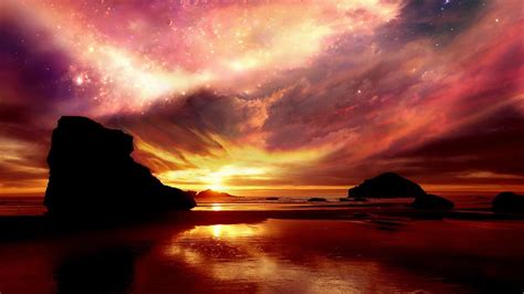 Sunset Beach Silhouette Clouds Stars Sunlight Shadow Hd