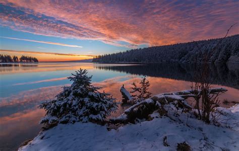 Lake Snow Evening Sunset 4k