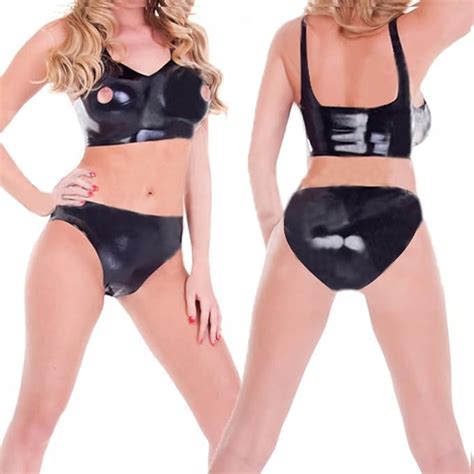 Amazon Com ECOSPLAY Later Rubber Sexy Bra With Nipple Holes And Brief
