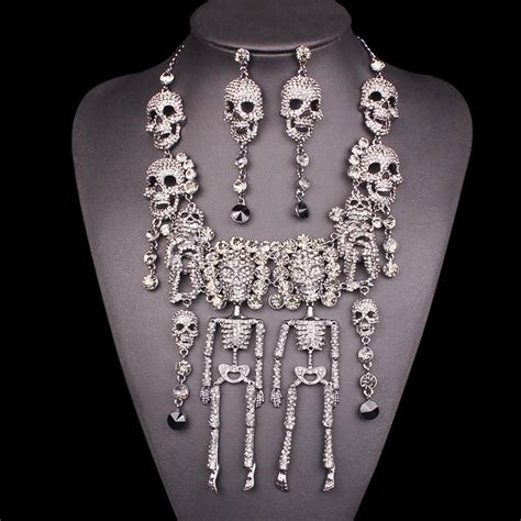 Individuality Rhinestones Skeleton Necklace Earrings Sets Vintage Skull