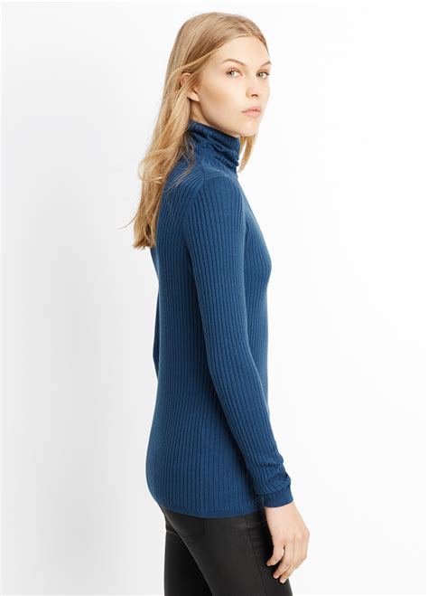 Vince Skinny Rib Turtleneck Sweater In Teal Blue Lyst