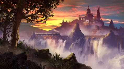 Wallpaper Artwork Fantasy Art Train Waterfall Fantasy City Trees