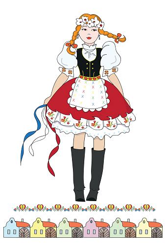 czech girl in traditional costume and colorful village houses stock illustration download