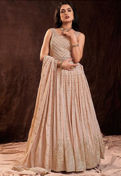 Embroidered Georgette Abaya Style Suit In Peach Kch11369