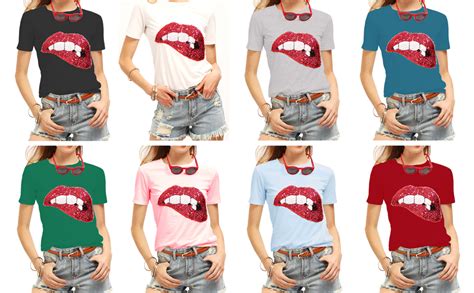 Womens Sequined Sparkely Glittery Lip Print T Shirt Cute Embroidery