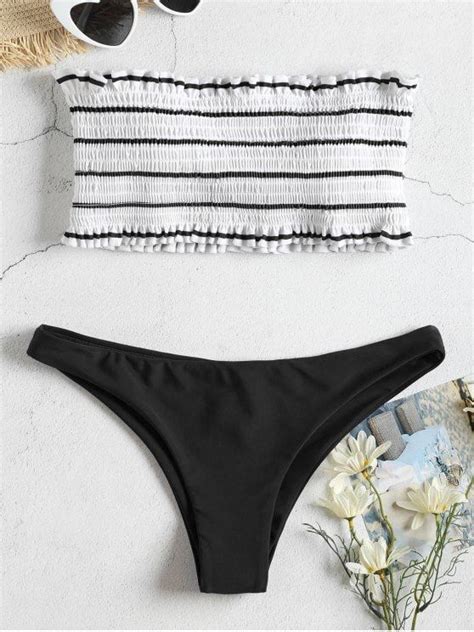 Striped Smocked Bandeau Bikini Set BLACK S Bandeau Outfit Bandeau