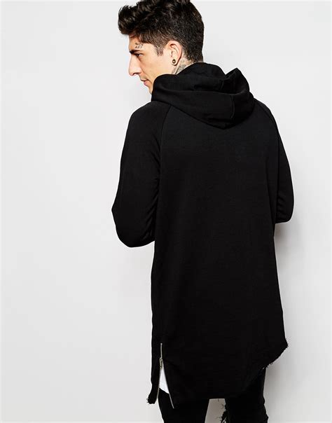 Asos Super Longline Hoodie With Asymmetric Hem And Zip In Black For Men