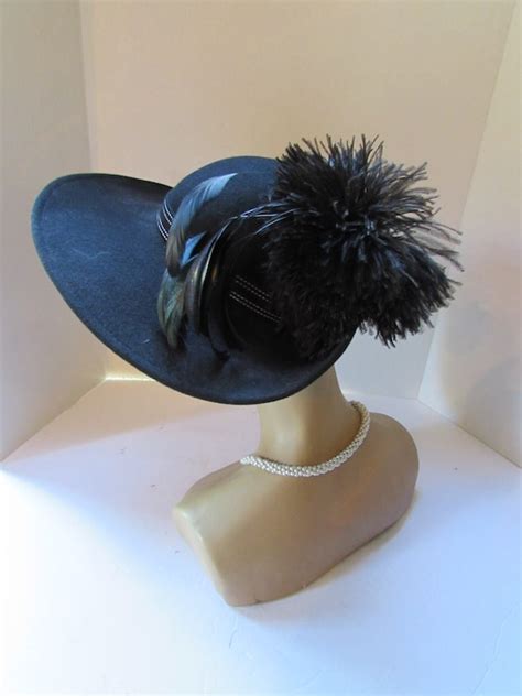 Black Felt Hat Wide Brim Upturned Brim Ostrich Feathe Gem