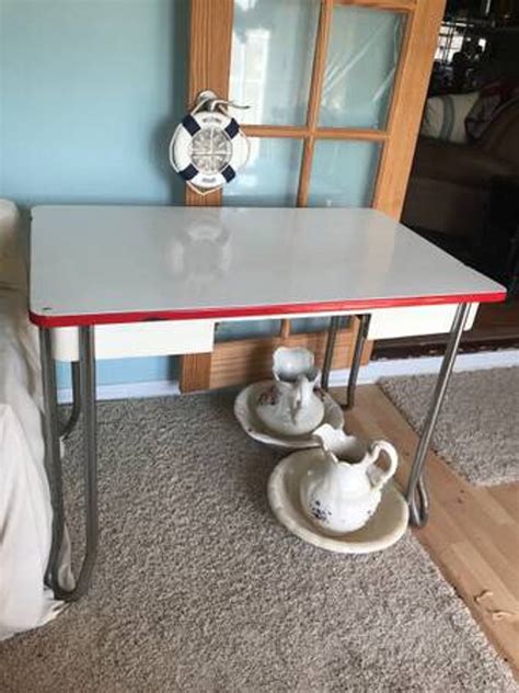 Vintage Porcelain Enamel Kitchen Dining Table Red And White Etsy