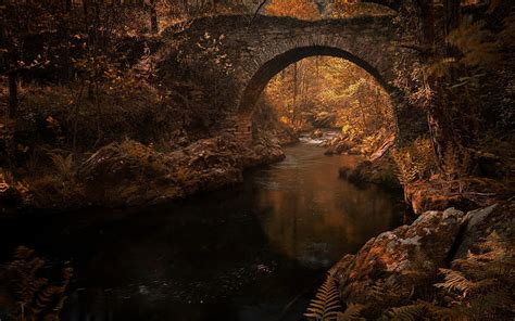 Old Stone Bridge Autumn River Forest Autumn Landscape Hd Wallpaper