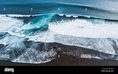 Aerial View Of Huge Ocean Waves Panoramic Drone Photo Blue Background