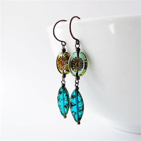 Teal Earrings Czech Glass Beaded Copper Blue By Jfrancesdesign Czech