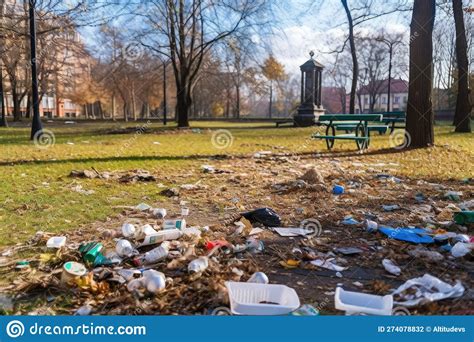 Littering And Urban Pollution In A Park With Trash Strewn Across The