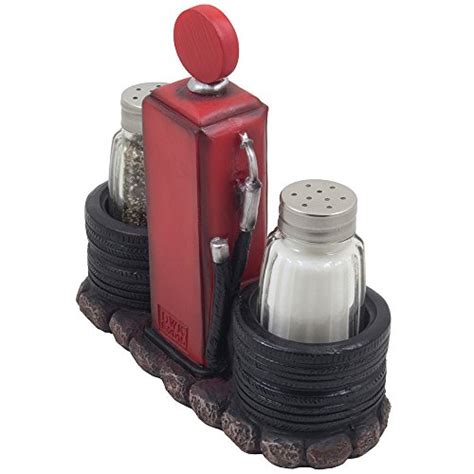 vintage gas station filling pump salt and pepper shaker set with decorative car tires and route 66